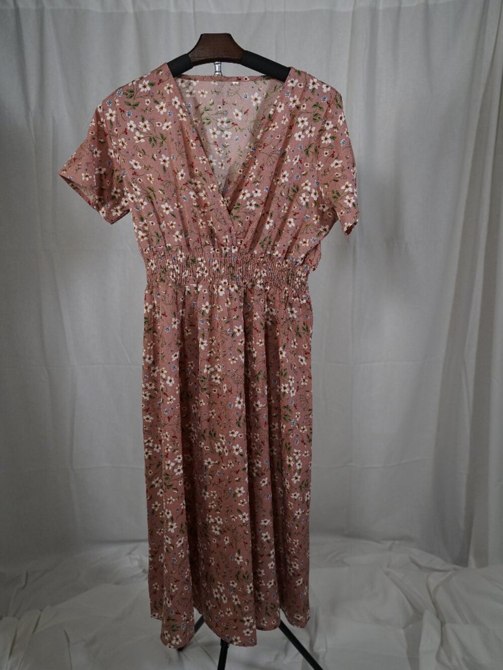 Pink Floral Smocked Waist Midi Dress L Cottagecore Garden Party